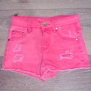 Hot pink distressed high waisted jean shorts